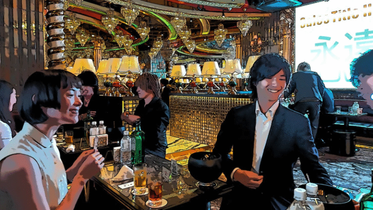 A smiling woman and man sit at a table amidst ostentatious gilded surroundings that typify Japanese host clubs.